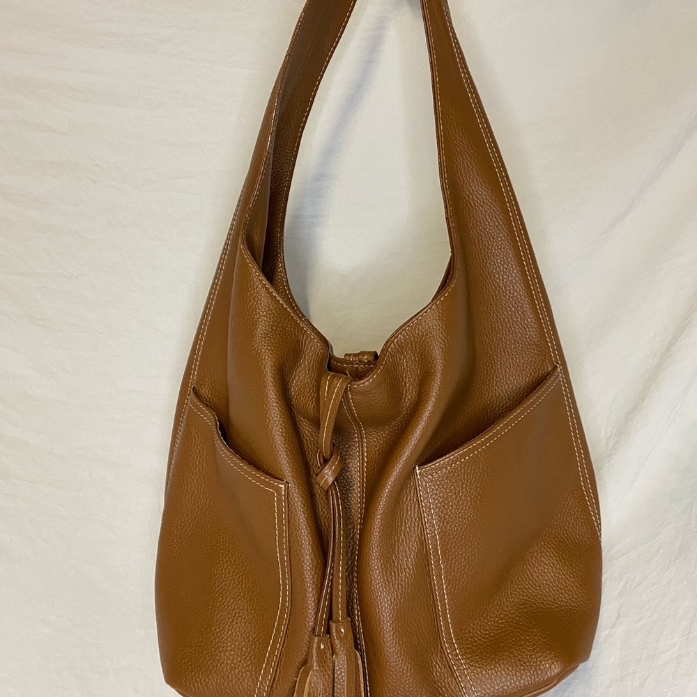 Laggo Havana Chestnut Leather Hobo Shoulder Bag With Pockets and Tassel